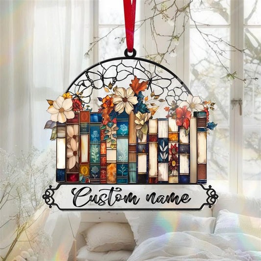 Custom Books Ornament, Books Suncatcher, Book Lover Gift, Floral Bookshelf Decoration, Birthday Gift, Home Library Suncatcher Ornament Decor