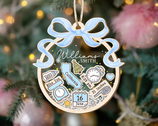 Personalized Baby's First Christmas Ornament: Coquette Bow Girl Newborn Keepsake - 4D Shaker